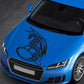 Blue car hood sticker with dark pterosaur graphic and swirl pattern