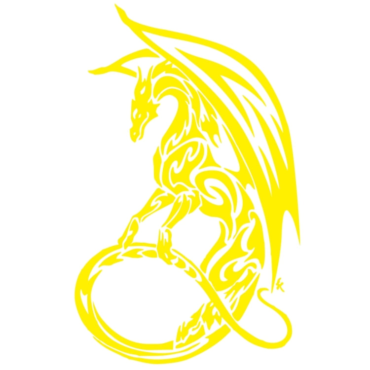 Yellow pterosaur decorative car sticker, stylized dragon with swirl linework