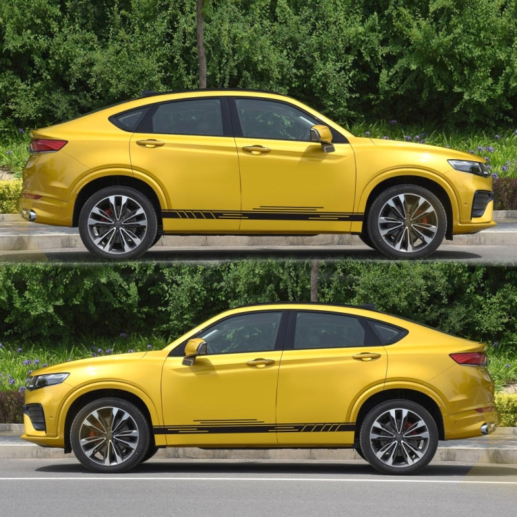 Black stripe car door decals on yellow sedan with racing linear design