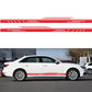 Red stripe car door decal set on white sedan, racing linear pattern