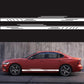 White stripe car door decal set on red sedan, racing linear pattern