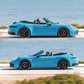 Blue convertible car with lightning-style stripe decals along the body side