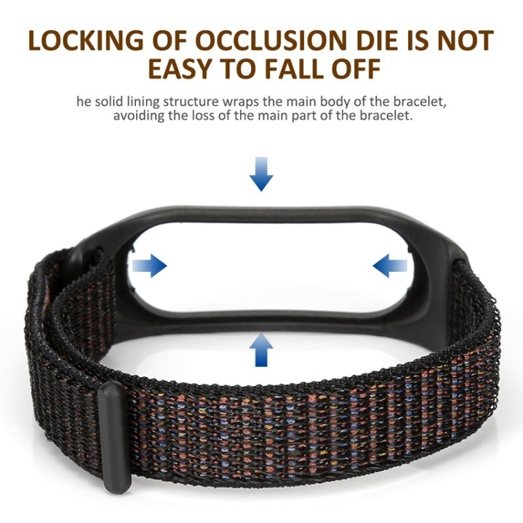Nylon weave watch band with black clasp and multicolor woven strap