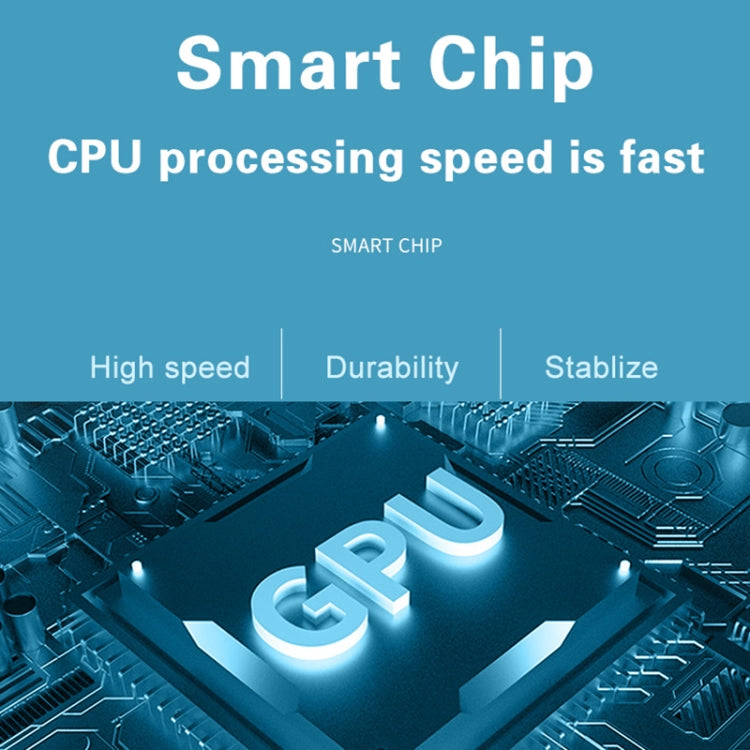 Security camera smart chip processing graphic with CPU speed and durability icons