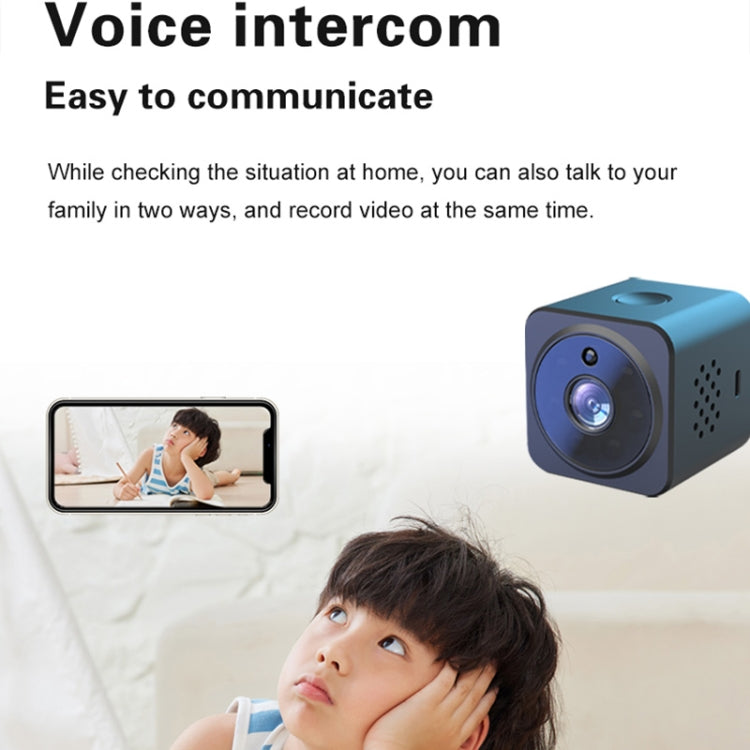 Wireless intercom camera with front lens and speaker grille, shown in a home setting
