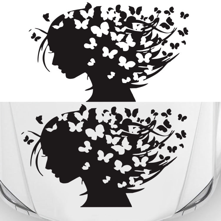 Car hood butterfly girl decorative sticker, black silhouette with white butterflies