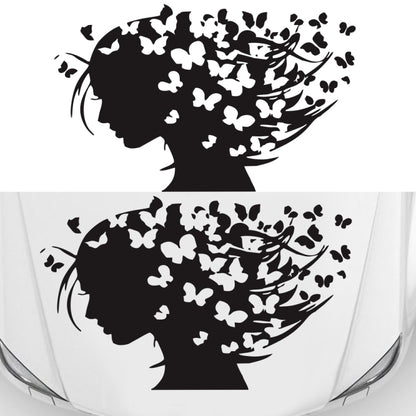 Car hood butterfly girl decorative sticker, black silhouette with white butterflies