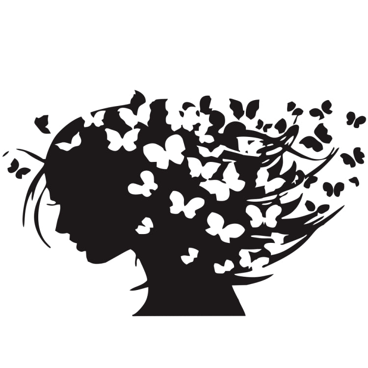 Butterfly girl decorative sticker, black silhouette with scattered white butterflies