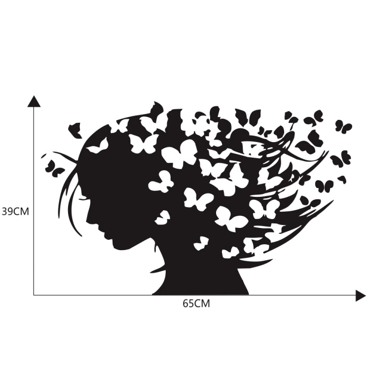 Butterfly girl car sticker with size guide: 65cm wide, 39cm tall