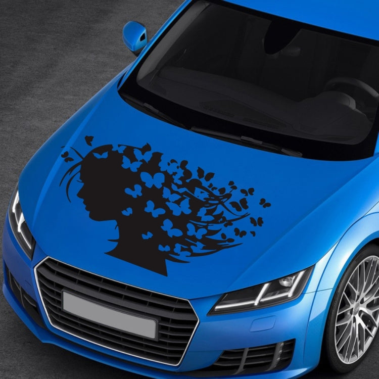 Car hood butterfly girl sticker on blue paint, black silhouette with blue butterflies
