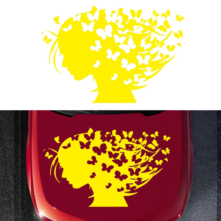 Butterfly girl car decal, yellow silhouette with black butterflies on red hood