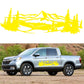 Mountains and pine tree car decorative vinyl sticker, yellow silhouette on vehicle