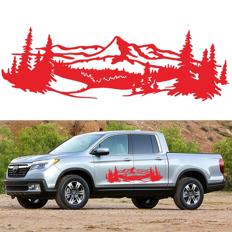 Mountains and pine tree car decorative vinyl sticker, red silhouette on vehicle