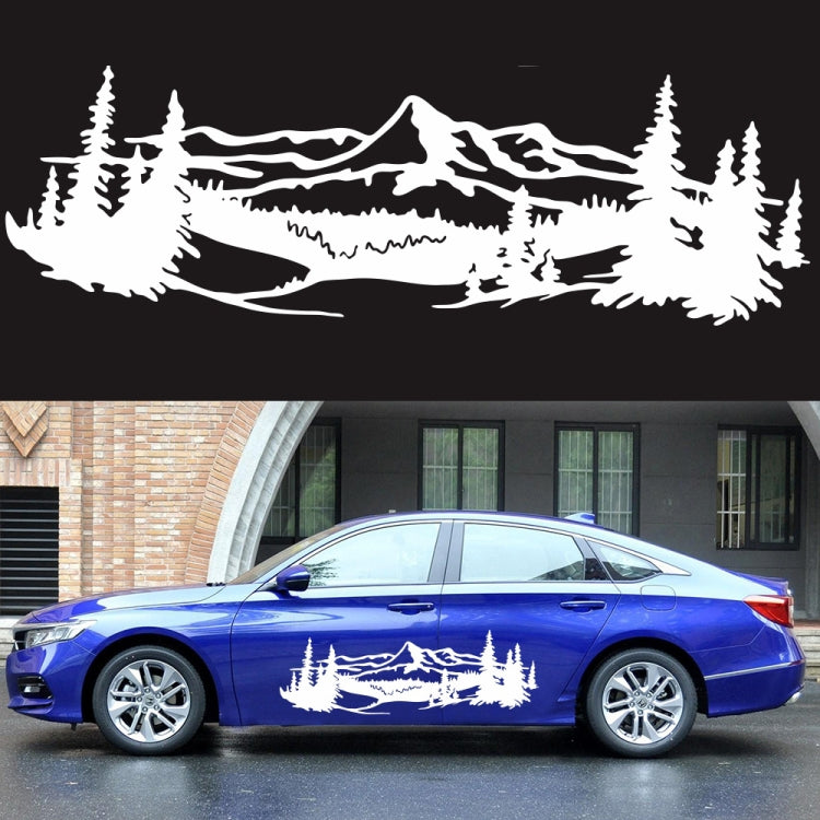 Mountains and pine tree car decorative vinyl sticker, white silhouette on vehicle side