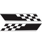 Car side checkered flag stripe decals, black and white, two-piece (set laid out)