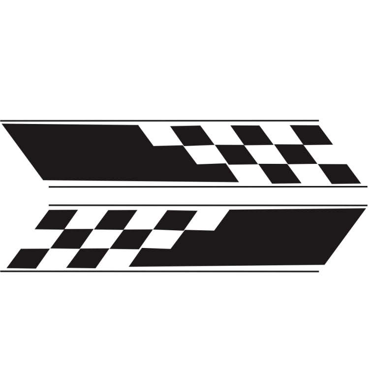 Car side checkered flag stripe decals, black and white, two-piece (set laid out)