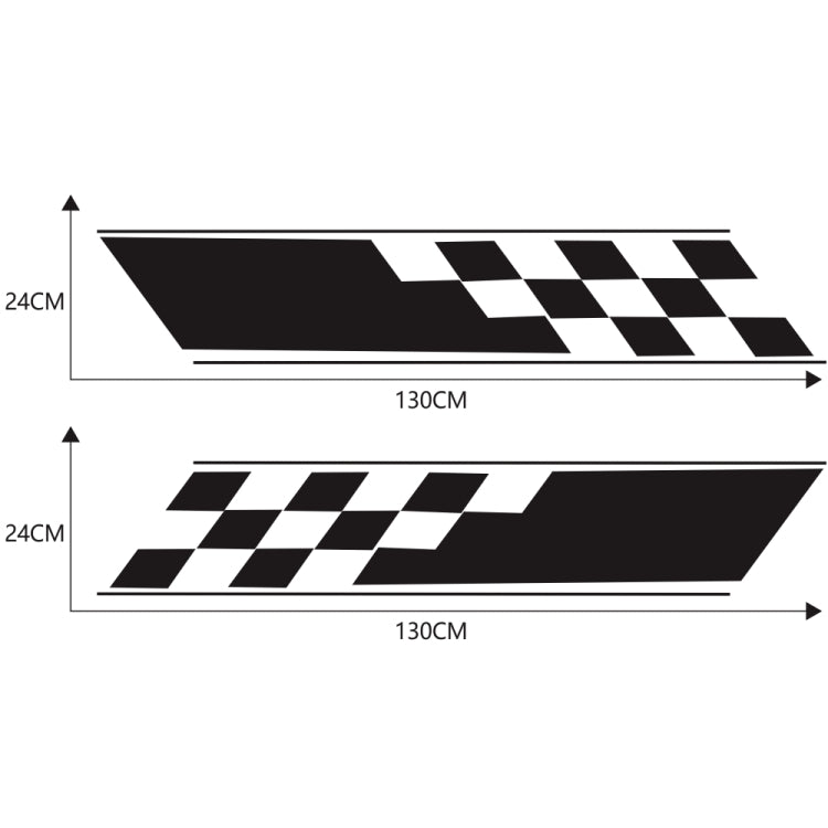 Car side checkered flag stripe decal set, black and white, 130 cm x 24 cm each