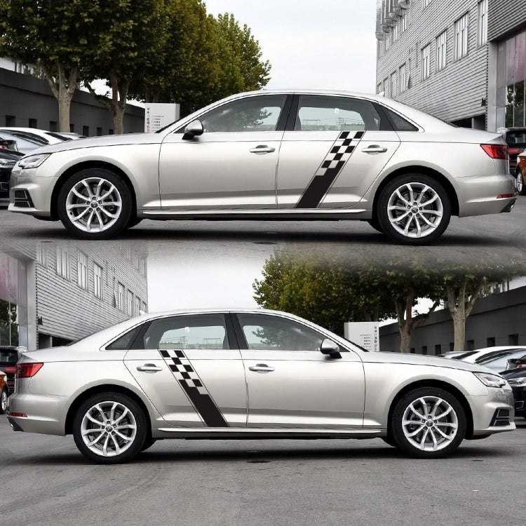 Car side checkered flag stripe decals on a white sedan, black and white, two-piece