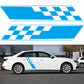 Car side checkered flag stripe decal set, blue and white, two-piece