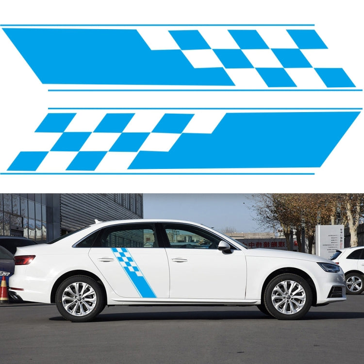 Car side checkered flag stripe decal set, blue and white, two-piece