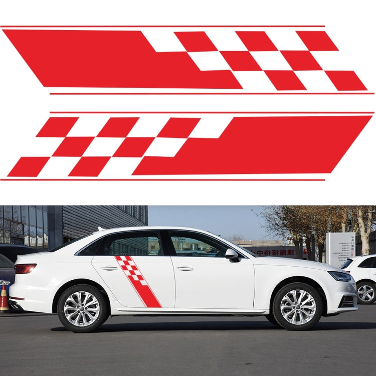Car side checkered flag stripe decal set, red and white, two-piece