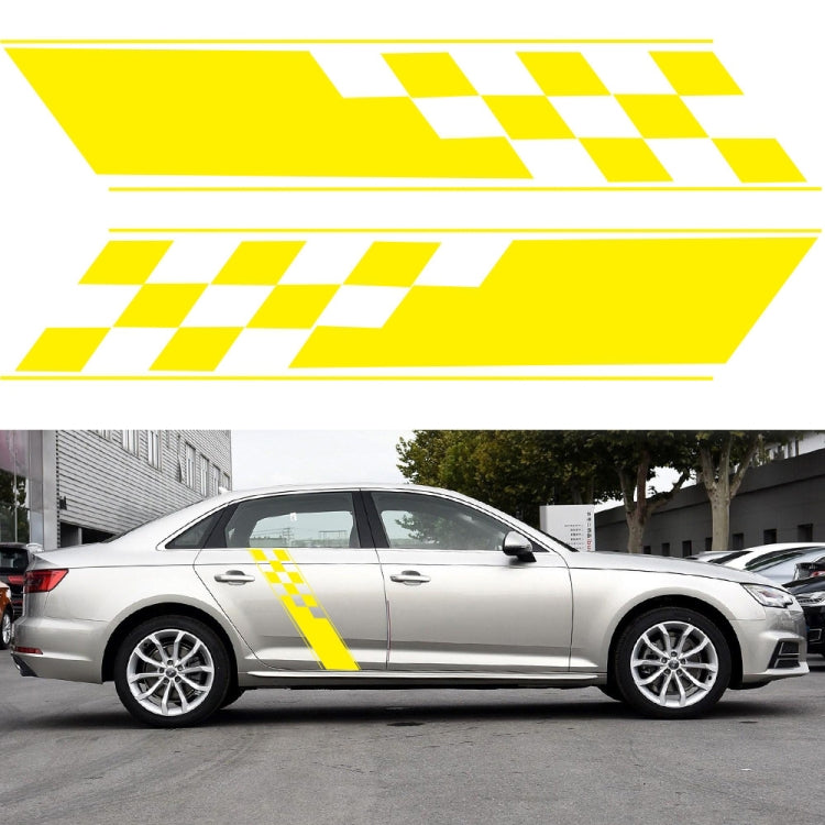 Car side checkered flag stripe decal set, yellow and white, two-piece