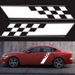 Car side checkered flag stripe decals on a red sedan, black and white, two-piece