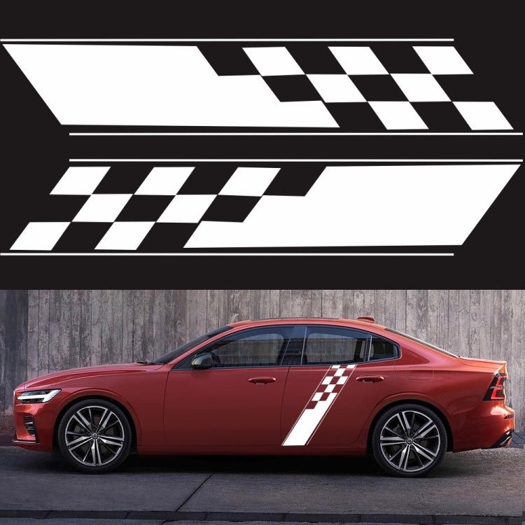 Car side checkered flag stripe decals on a red sedan, black and white, two-piece