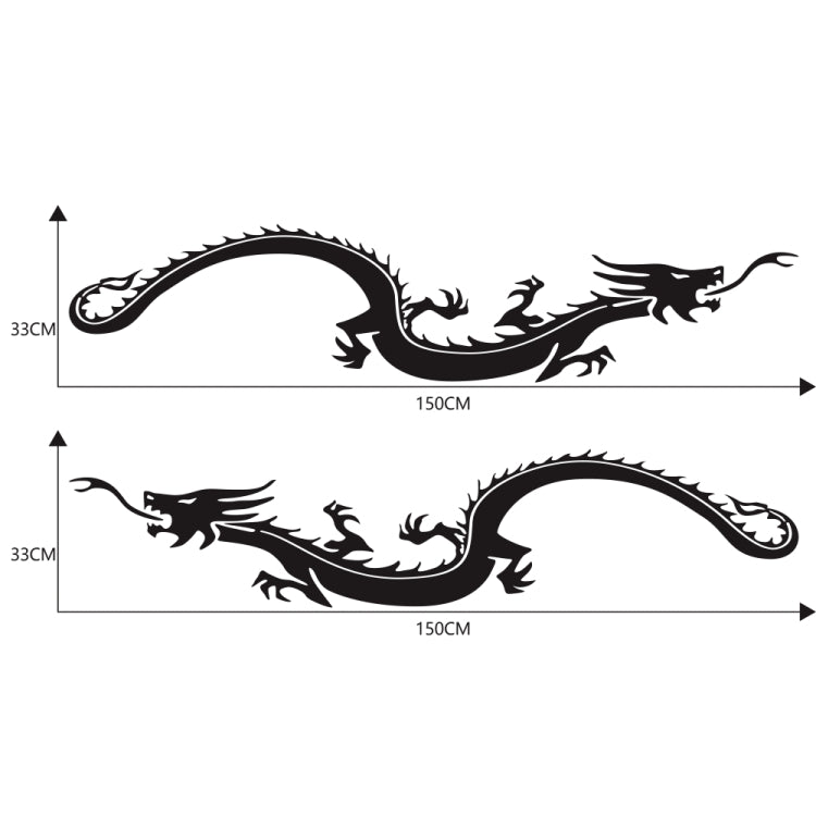 2-piece dragon car decal sticker set, black dragon with size diagram