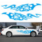 Flame pattern car decal set, blue flame scroll decals on white sedan
