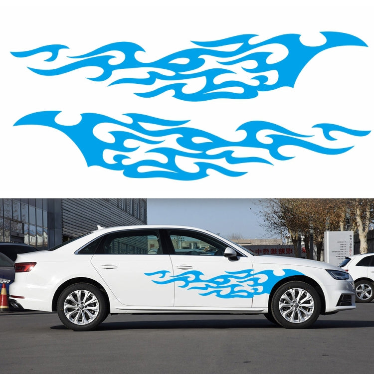 Flame pattern car decal set, blue flame scroll decals on white sedan
