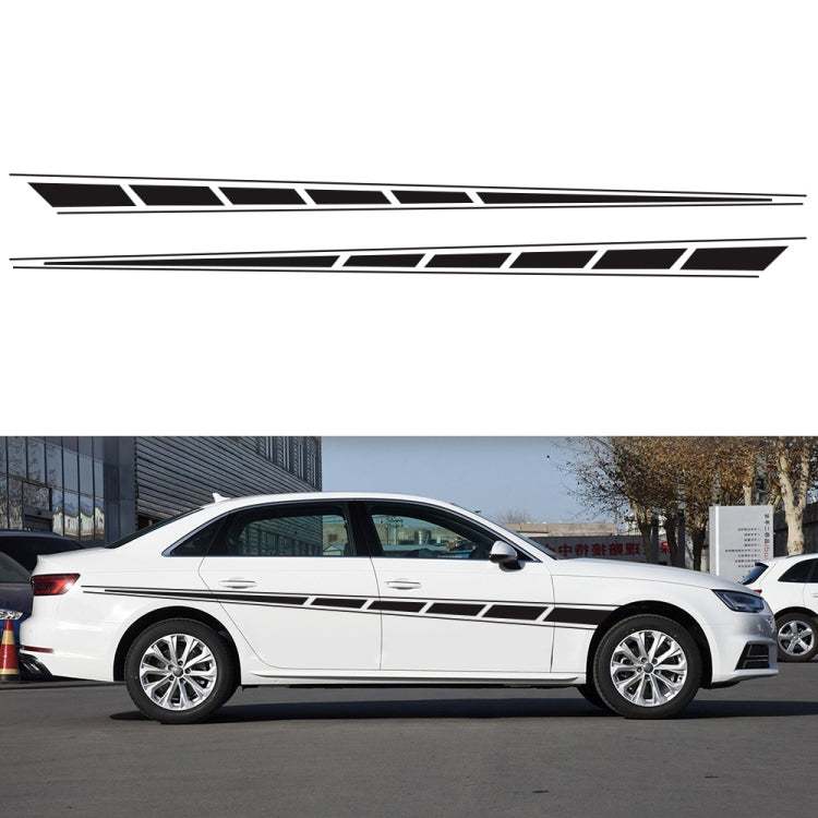 Car side stripe decorative sticker set with black checkered flag pattern on white body