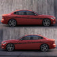 Car side stripe decorative sticker set with black checkered flag pattern on red sedan