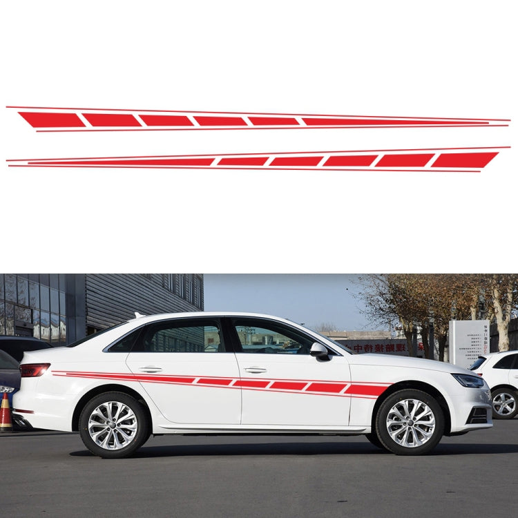 Car side stripe decorative sticker set with red checkered flag pattern on white sedan