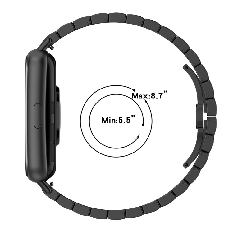 Black metal watch band sizing diagram: min 5.5in fit, max 8.7in fit