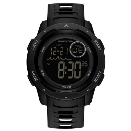 Black dual-display luminous waterproof digital watch with rubber strap.