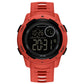 Red dual-display luminous waterproof digital watch with rubber strap.