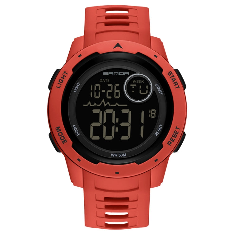 Red dual-display luminous waterproof digital watch with rubber strap.