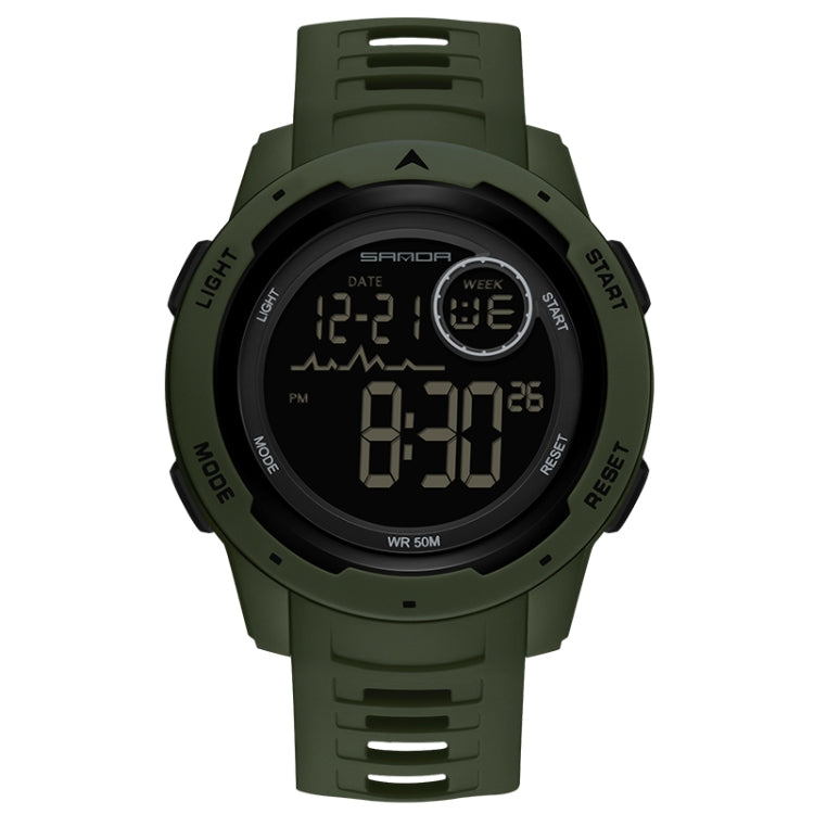 Army green dual-display luminous waterproof digital watch with rubber strap.