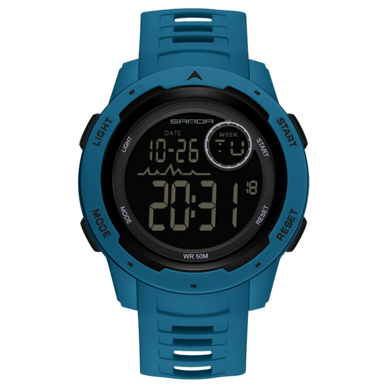 Blue dual-display luminous waterproof digital watch with rubber strap.