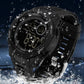 Black dual-display luminous waterproof digital watch with water-splash protection.