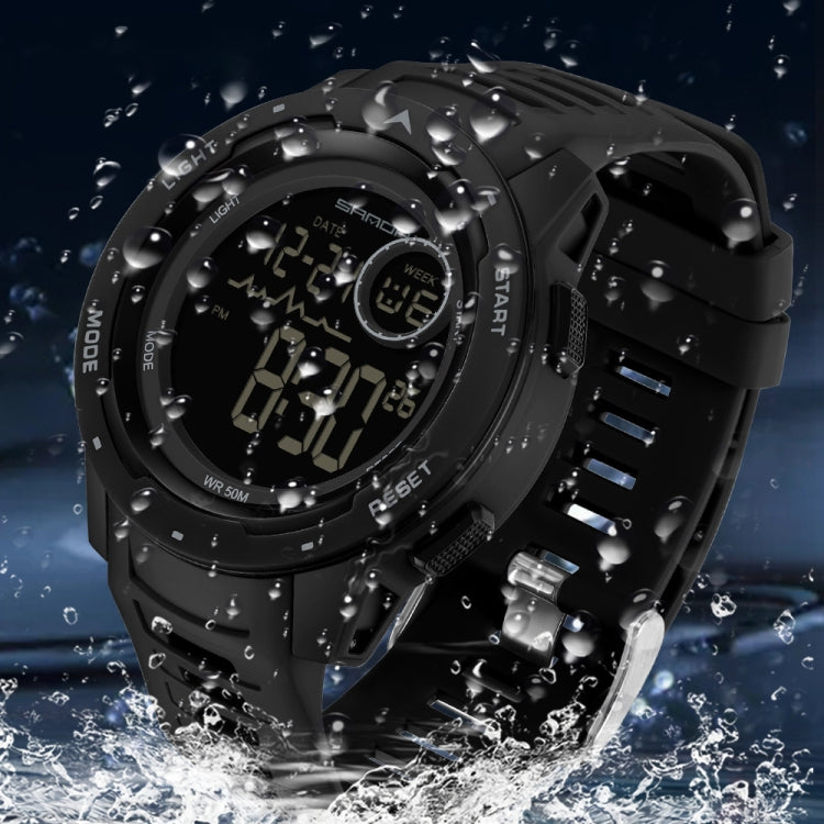 Black dual-display luminous waterproof digital watch with water-splash protection.