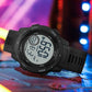 Black dual-display luminous waterproof digital watch, angled view with large digits.