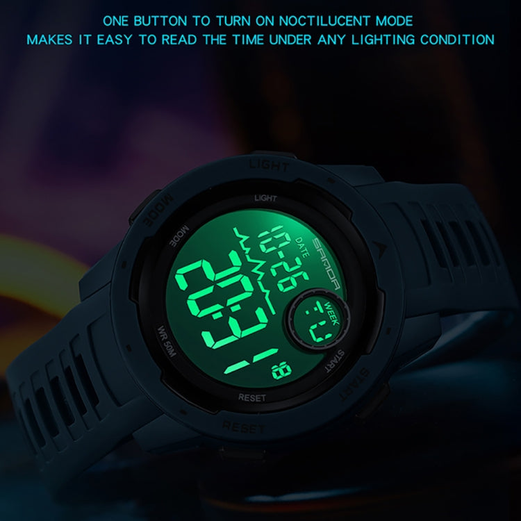 Dual-display luminous waterproof digital watch showing bright green night mode.