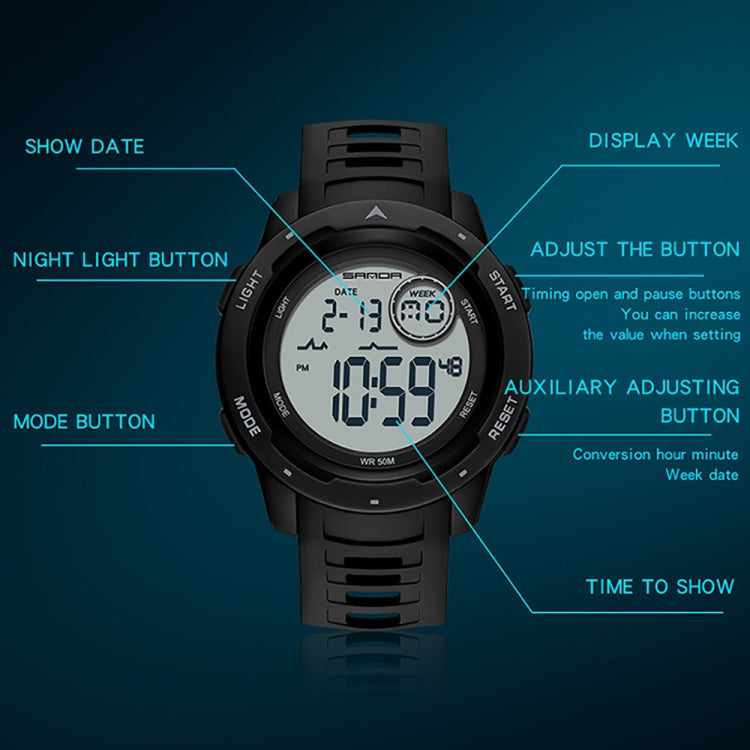Black dual-display digital waterproof watch with luminous buttons and strap