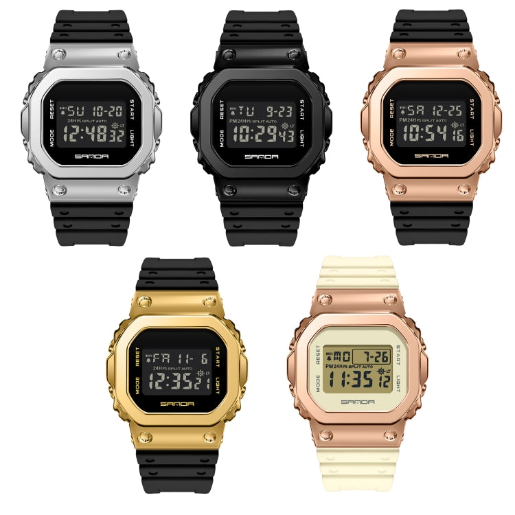 Set of digital dual-display sport watches in silver, black, rose gold, gold, and tan
