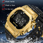 Gold digital dual-display sport watch with water droplets and glowing display