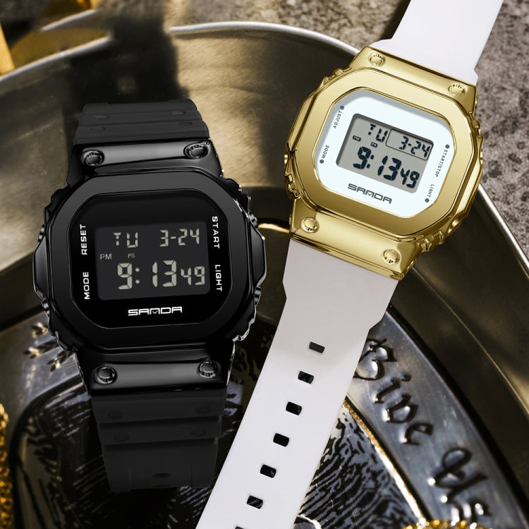 Black and gold digital dual-display sport watches side by side