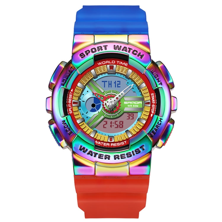 Multicolor luminous dual display sport watch with blue TPU strap, waterproof design