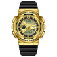 Gold-tone dual display sport watch with black silicone strap, waterproof design